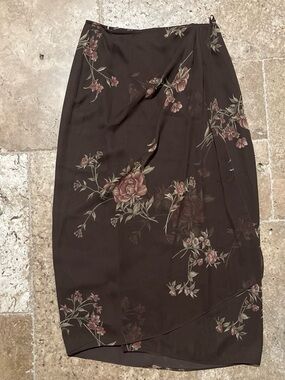 Floral Wrap Midi Skirt - Brown with Pink Floral Print